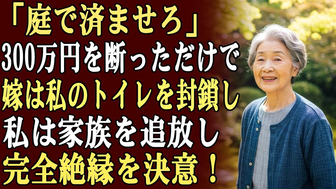 私が息子夫婦に家の修理代として300万円を渡さなかったという理由で、嫁は私のトイレのドアに鍵をかけ、私を庭で用を足させた…その瞬間、私は彼らを家から追い出し、連絡を断つことを決めた。