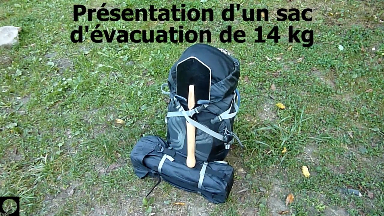 Présentation d'un sac d'évacuation de 14 kg (y compris 3 lt d'eau)