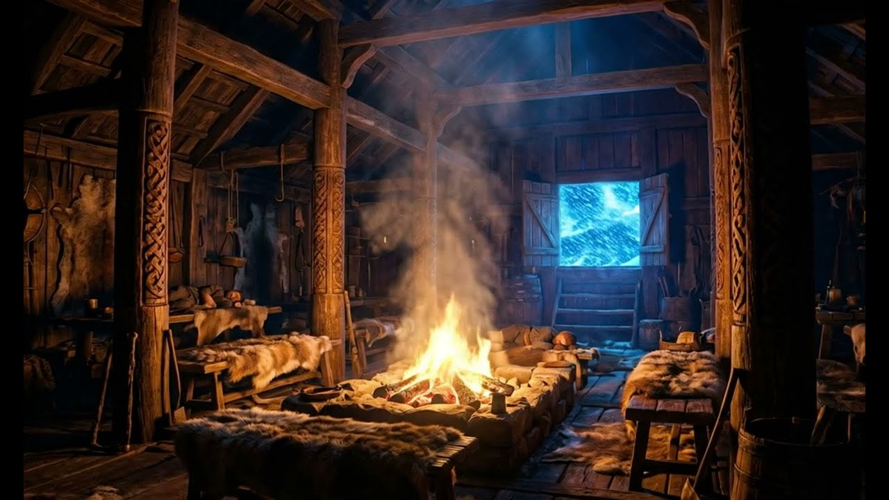 Viking Longhouse Ambience ❄️ Warm Fire & Blizzard Sounds | 1 Hour Study & Sleep