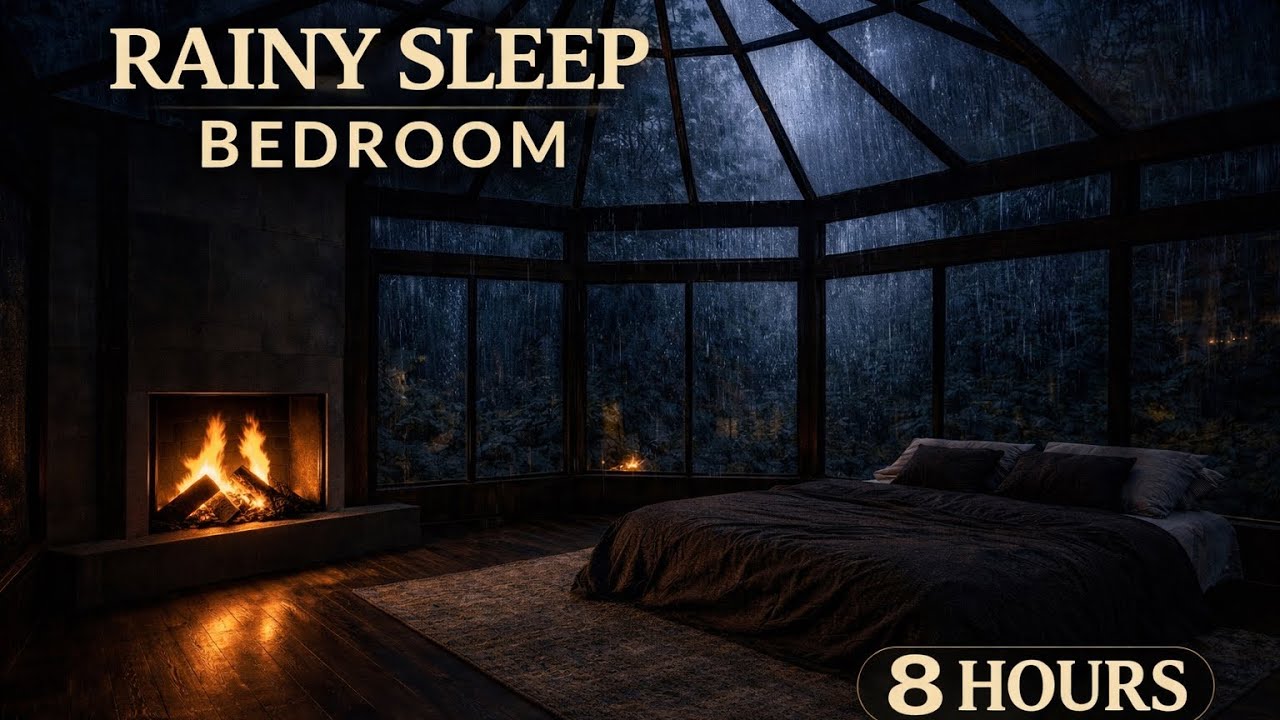 Sleep Sounds Heavy Rain on Glass Roof + Fireplace for Deep Sleep (8 Hours White Noise)