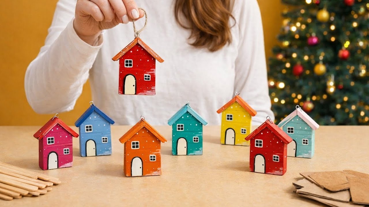 🎄Turn popsicle sticks into Christmas houses | 🎄Simple, Colorful & Perfect for Decorations