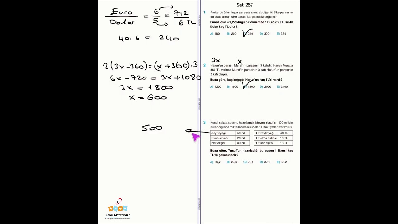 287 3 B&ouml;l&uuml;m 7 Problemler Etkili Matematik Y  TYT S B