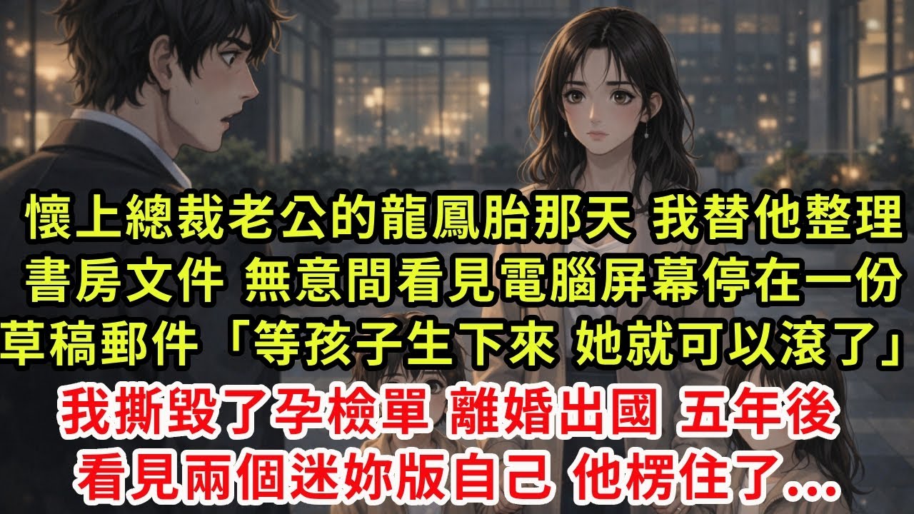 懷上總裁老公的龍鳳胎那天，我替他整理書房文件，無意間看見電腦屏幕停在一份草稿郵件—等孩子生下來，她就可以滾了。我撕毀了孕檢單 離婚出國 五年後 看見兩個迷妳版自己他楞住了...