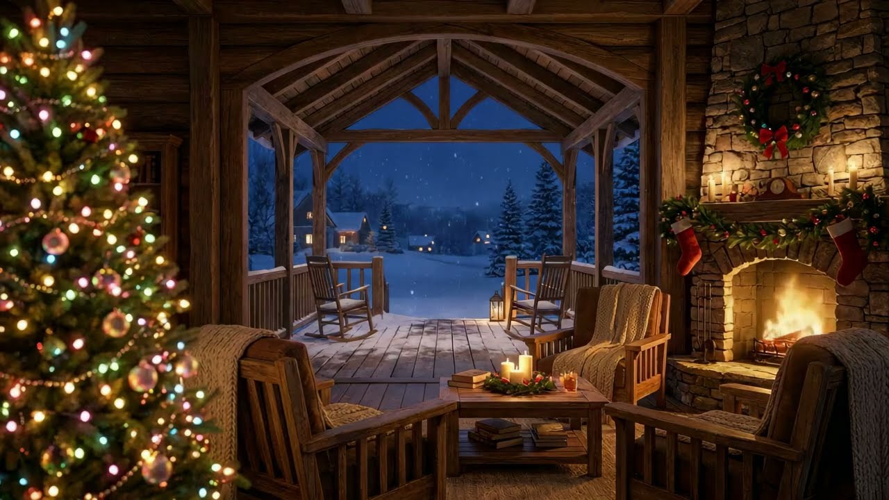 Christmas Evening by the Fire 🔥 Cozy Porch Ambience in a Snowy Cabin | Natural Sounds Only