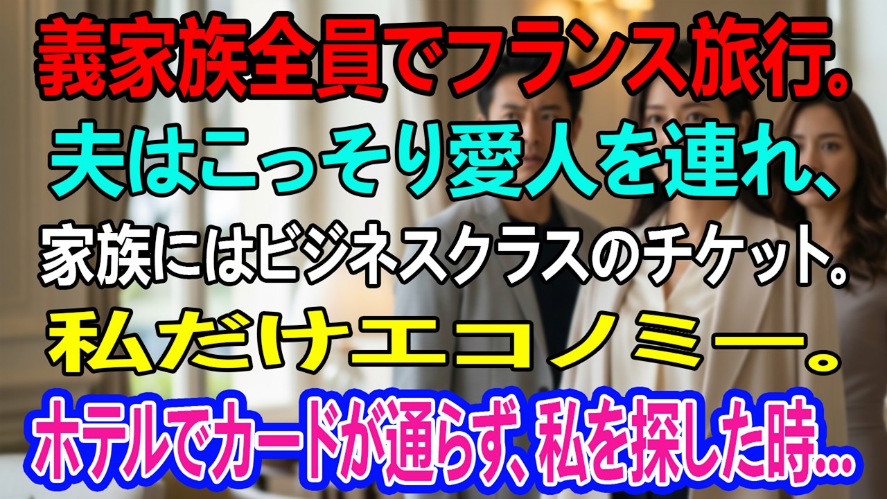 義家族全員でフランス旅行。夫はこっそり愛人を連れ、家族にはビジネスクラスのチケット。私だけエコノミー。ホテルでカードが通らず、私を探した時...