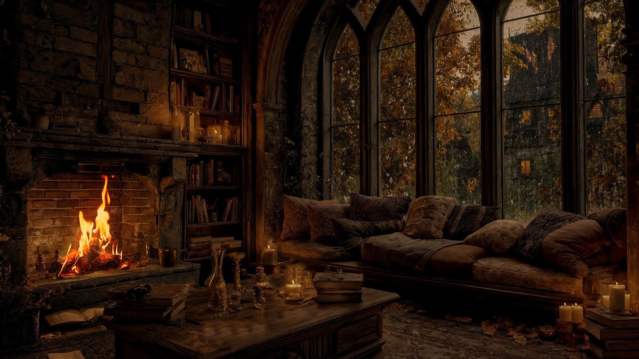 Relaxing Autumn Rainy Night Ambience 🍂 Cozy Fireplace & Window Rain Sounds for Sleep & Study