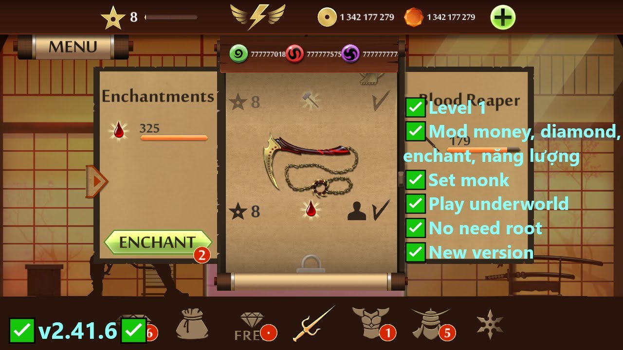 C&aacute;ch Hack Shadow Fight 2 v2.41.6 mod apk full tiền, gems, level 1, set monk mới nhất 2025