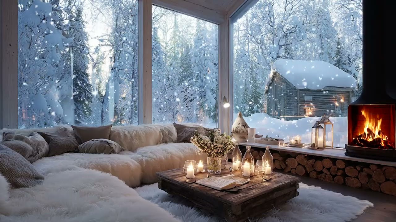 Peaceful Snowy Piano Lounge | White Flowers and Fireplace 3 Hours Relax