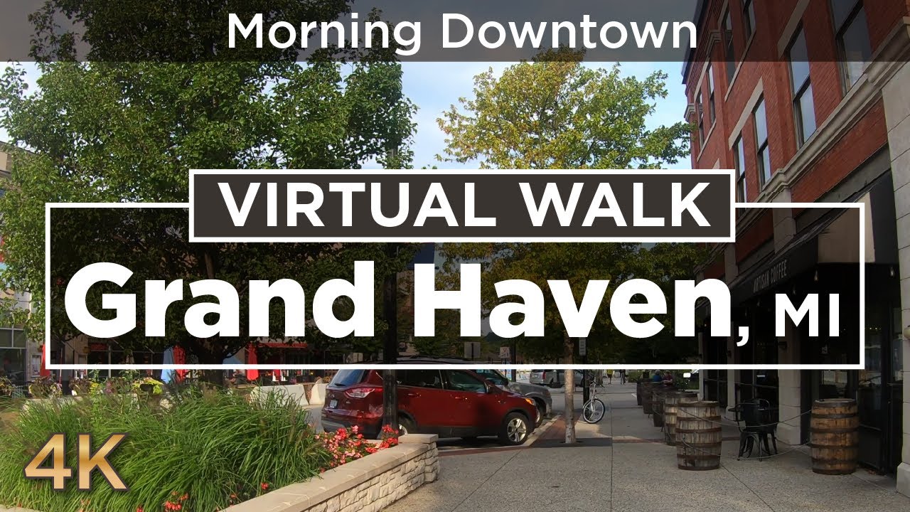 4k Virtual Walk -- Morning walk through Downtown Grand Haven, Michigan to the South Pier Lighthouse