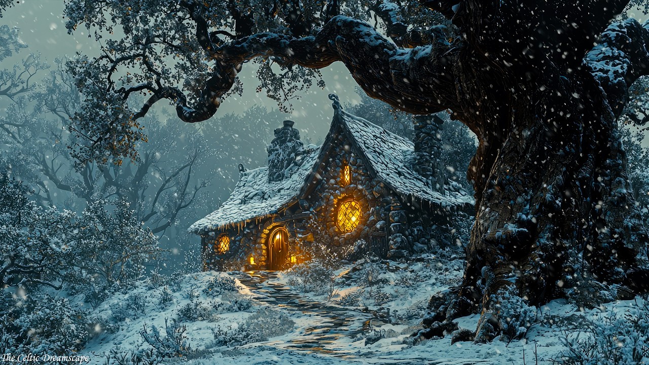 Snowy Enchanted Forest Cottage — Medieval Celtic Winter Ambience for Calmness, Focus & Deep Rest