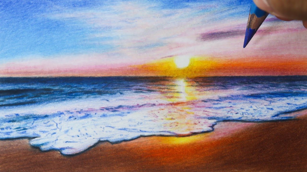 Como desenhar o Mar com Por do Sol PASSO A PASSO narrado