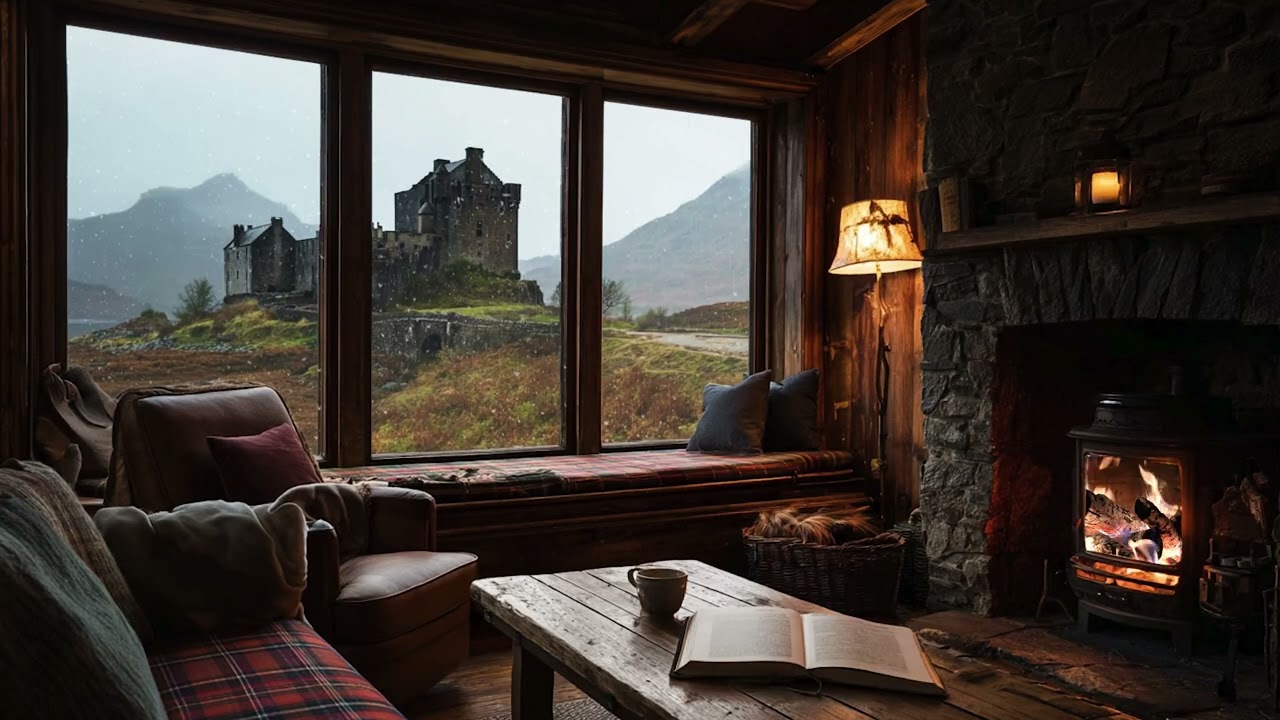 Cozy Celtic Scottish Library Ambience 📚✨ Relaxing Folk Music, Rain Sounds & Crackling Fireplace