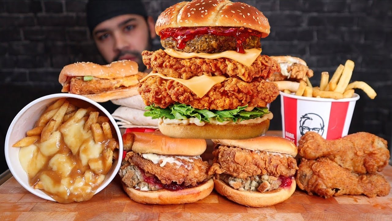 (ASMR) KFC FESTIVE SANDWICHES, FRIED CHICKEN, POUTINE, SNACK WRAPS, AND FRIES MUKBANG