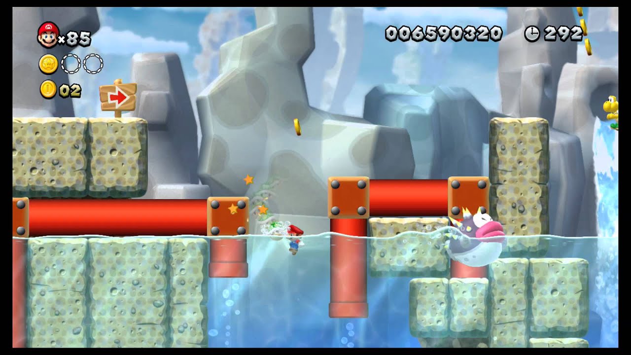 [WiiU] New Super Mario Bros U Mundo 6 (Minas Almendraras) Nivel 2 (¡Esquinazo a los Porcu-Puffers!)