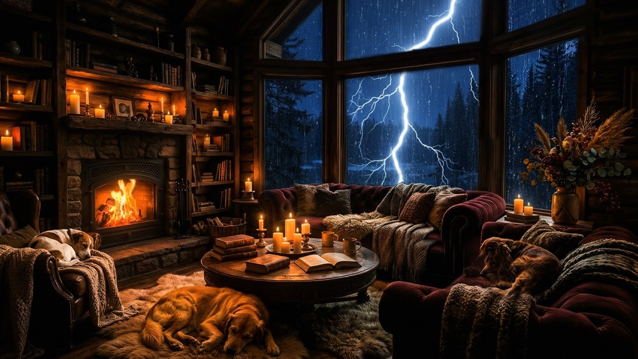 10 GODZIN burzy i piorun&oacute;w w chatce 🌩️ Zwierzęta śpiące 🏠