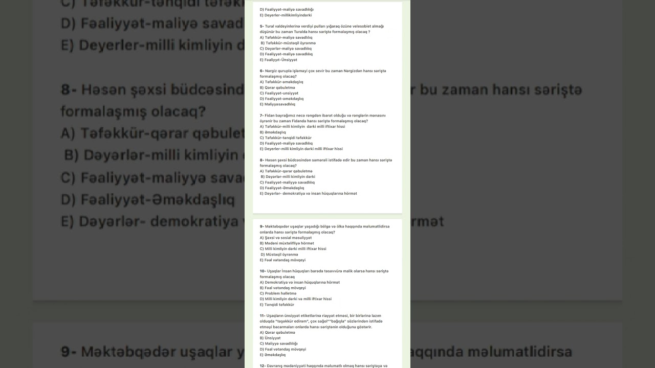 Səriştələr mövzusu test izahı. @Mektebeqederkurikulum