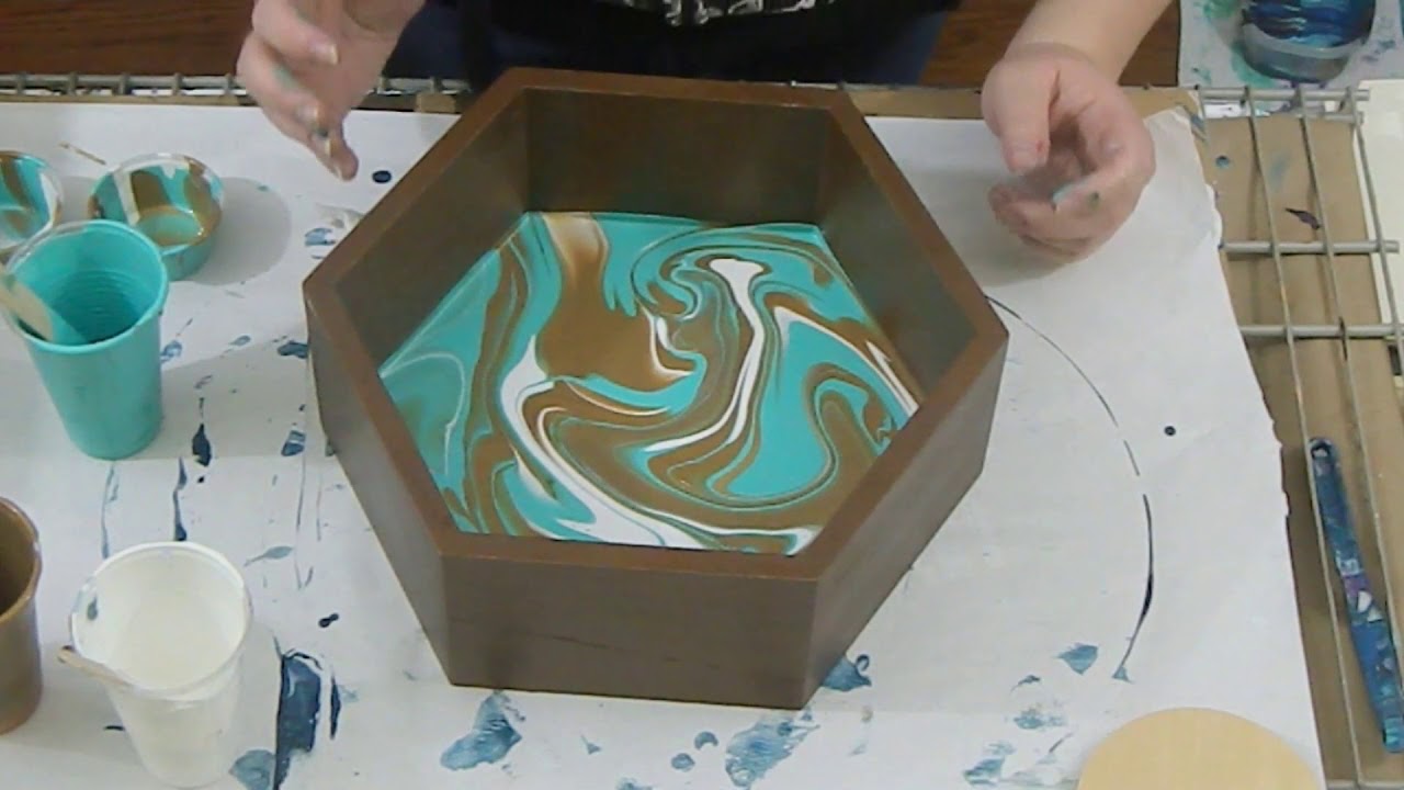 (61) Acrylic Pour in a Hexagon Wood Display