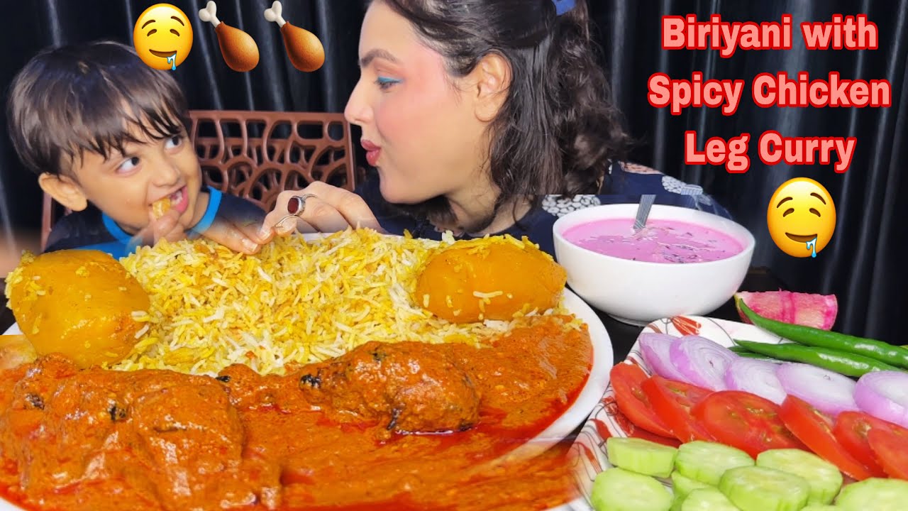Eating Dum Biriyani with Spicy Chicken Leg Curry, Raita, Salad | Mukbang Eating Show 