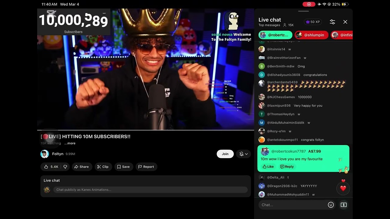 Foltyn hitting 10M Subscribers on livestream 