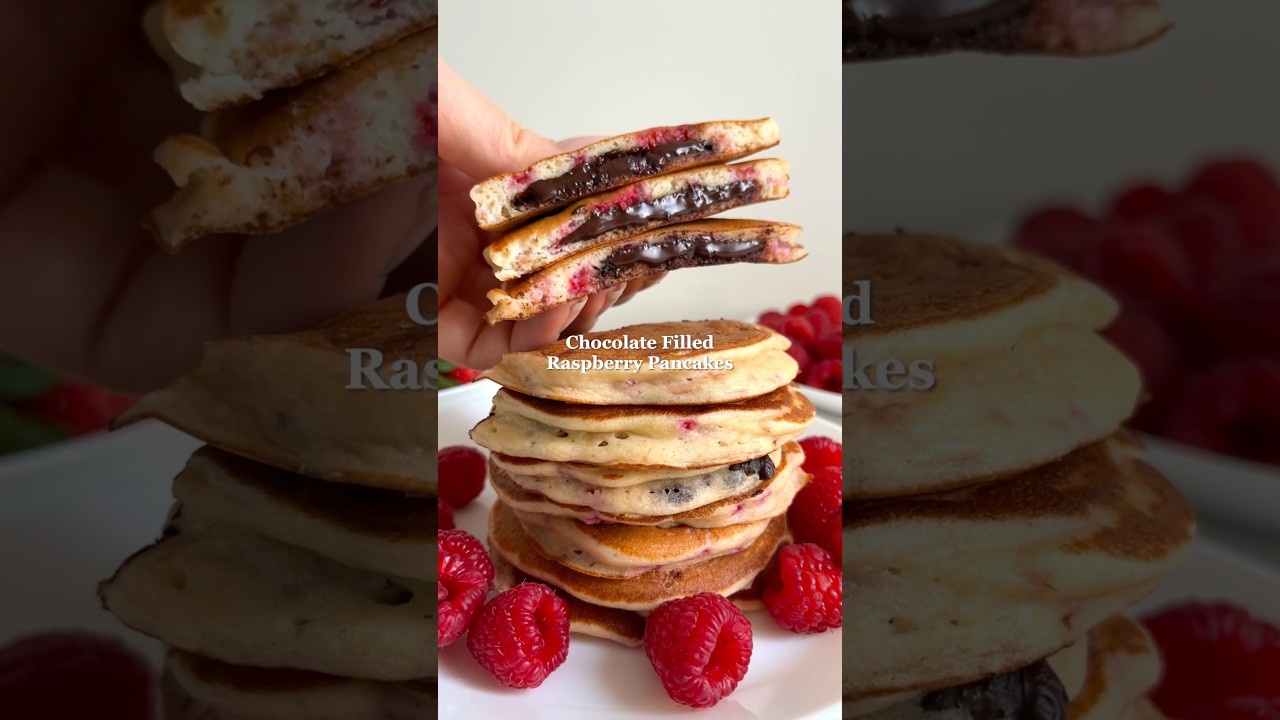 Chocolate Filled Raspberry Pancakes😍 #pancakes #breakfast #breakfastideas