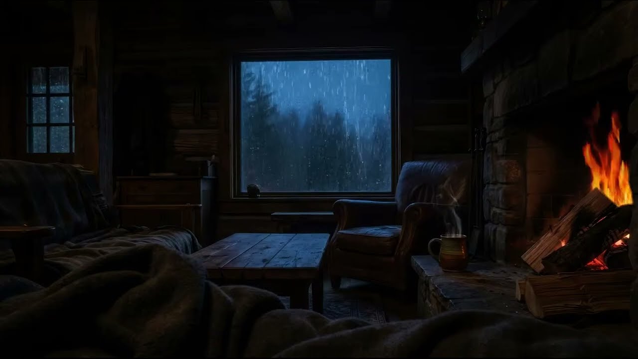 Midnight Rain on Window in a Cozy Log Cabin with Fireplace,  8 Hours For Deep Sleep (No Ads)