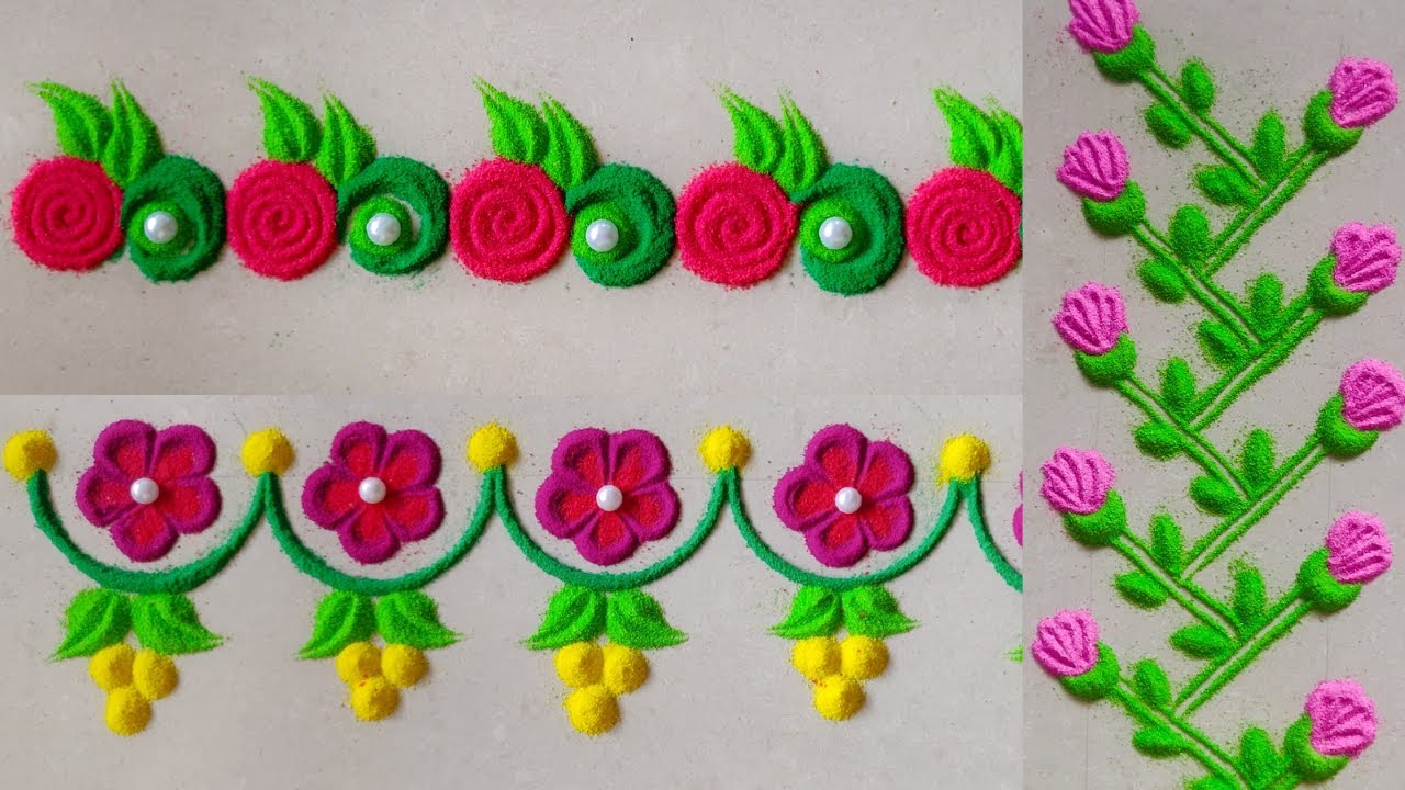 Easy 5 Border Rangoli Designs for Beginners l Simple side borders l Door Muggulu. #borderrangoli