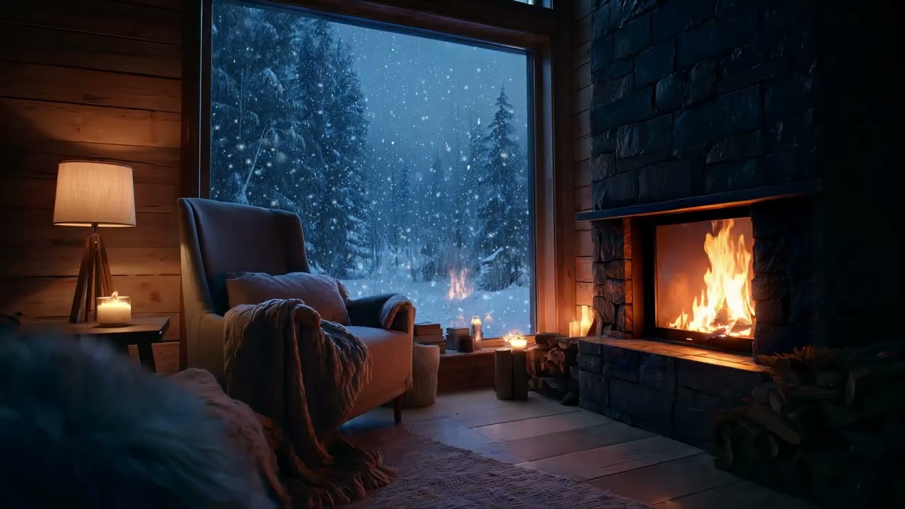 Cozy Sleep Guitar Music by the Fire (3 Hours) — Snowy Cabin Night
