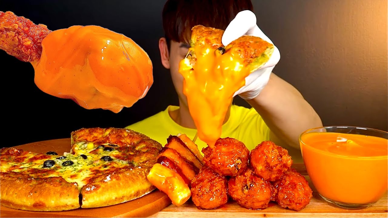 ASMR 치즈 폭탄 피자 🍕 불닭마요&양념치킨 닭다리 소떡소떡 먹방~!! Chicago Pizza 🧀 With Sweet Chicken Legs Sausage MuKBang~!