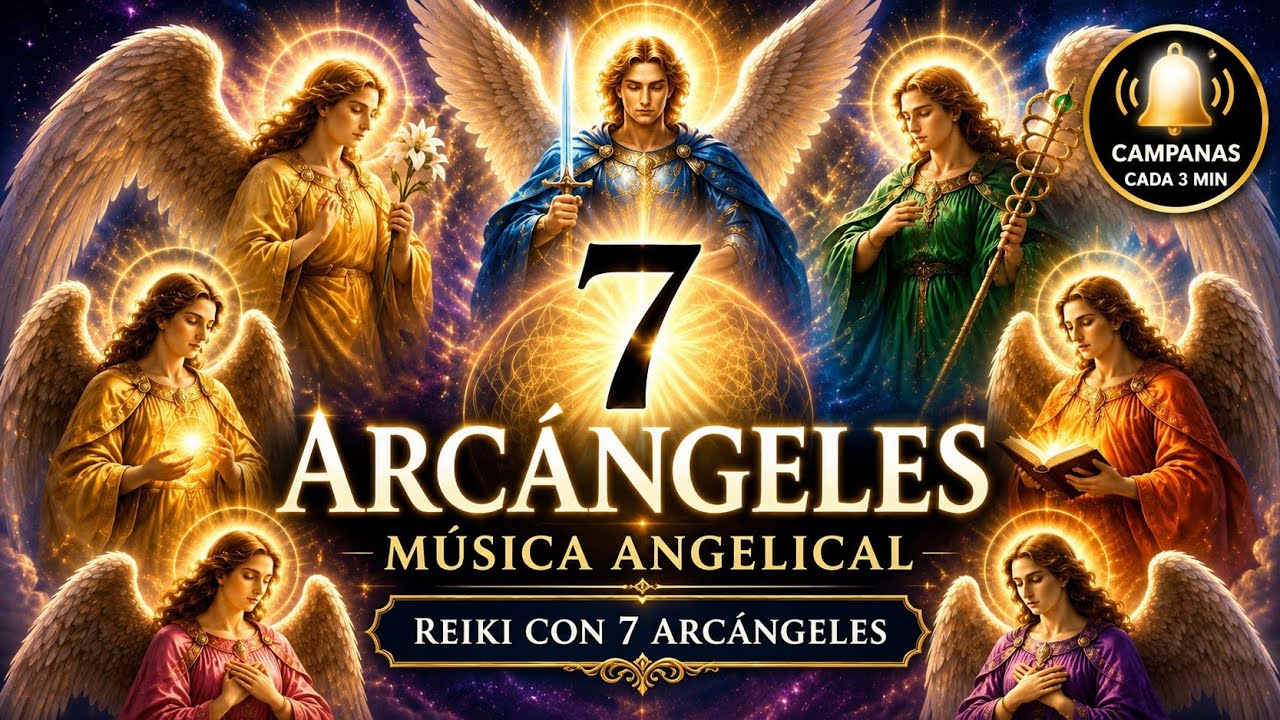 7 Arc&aacute;ngeles ✨ M&uacute;sica Angelical para Reiki 🔔 Campanas cada 3 Minutos