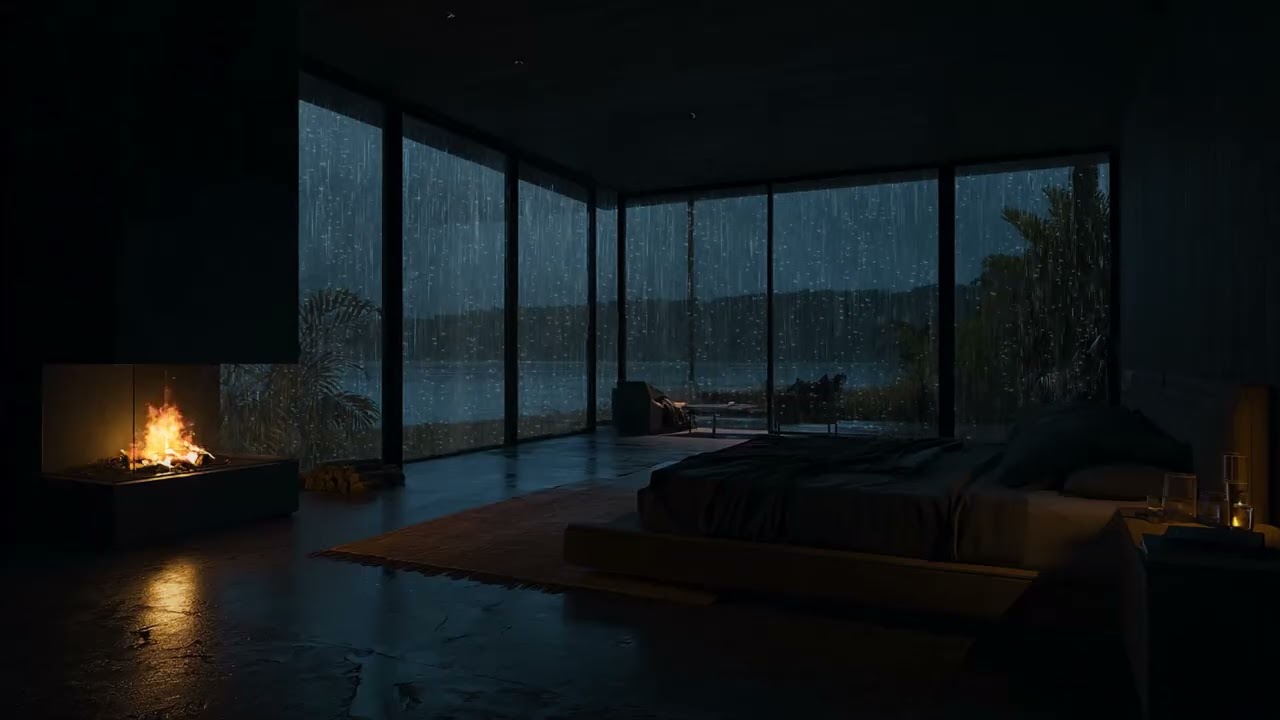 Quick Sleep in Minutes 💤 Gentle Forest Rain & Soft Thunder 🔥 Cozy Glass Cabin Fireplace Night