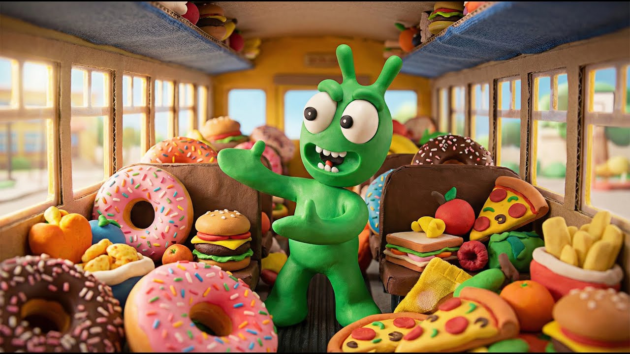 Food School Bus?! Pea Pea&rsquo;s Crazy Bus Adventure 🍩🍕🍦 - Pea Pea Cartoon - Stop motion animation