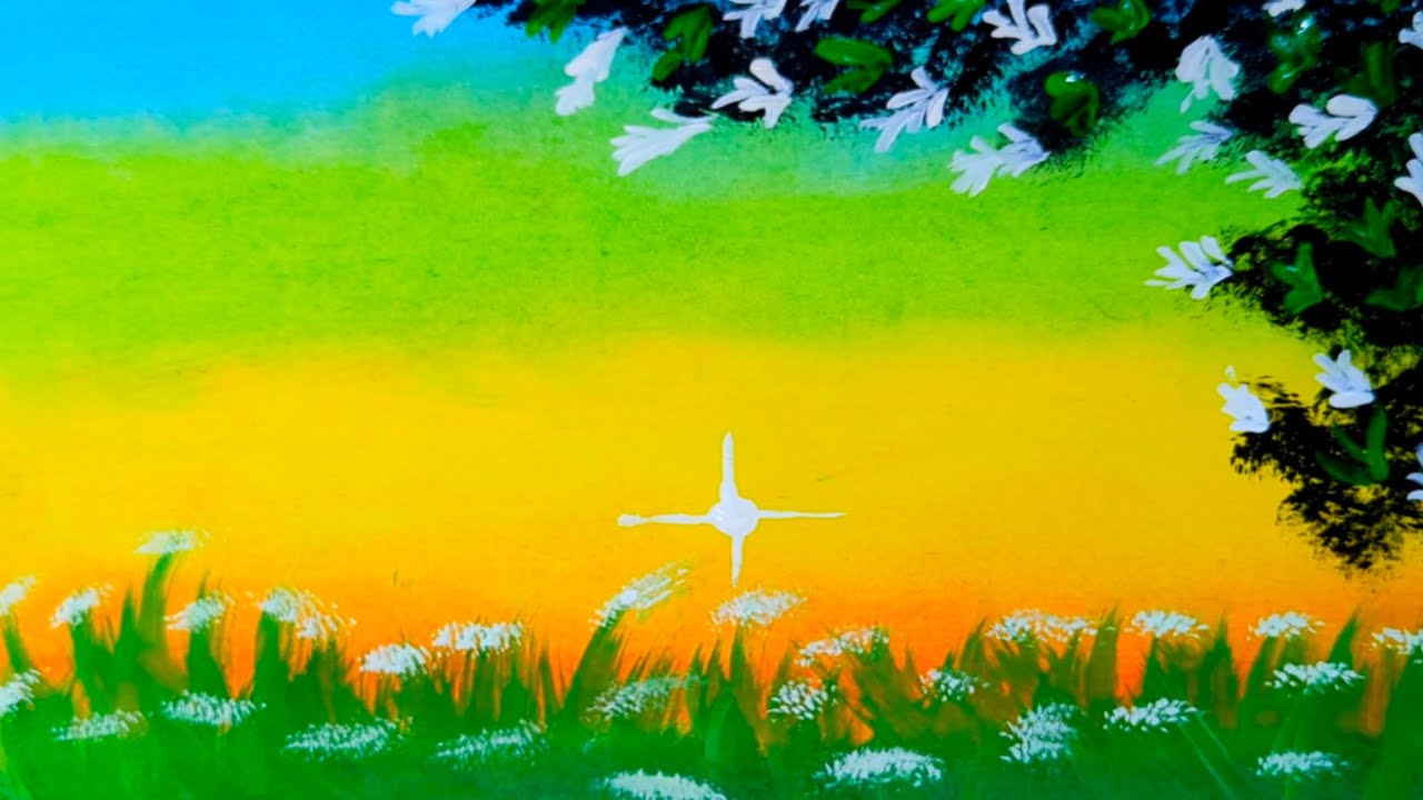 Step-by-Step Acrylic Painting for Beginners | Sunset Field with White Flowers