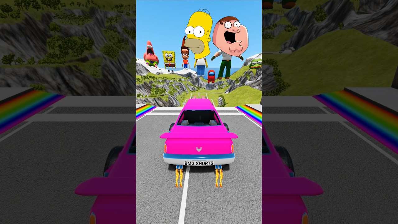 Прыжки на машине с героями мультфильмов 😂 BeamNG.Drive