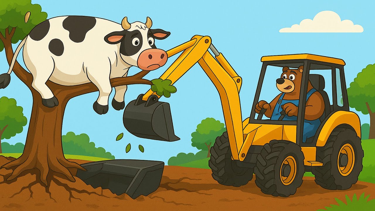 Farmer Bear Drives Excavator and Plans to Rescue Cow Stuck in Tree | Farm Work