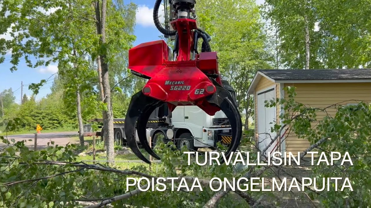SAWTEK - Piha- ja ongelmapuiden poistoa nosturiauton kourasahalla (puunkaato)