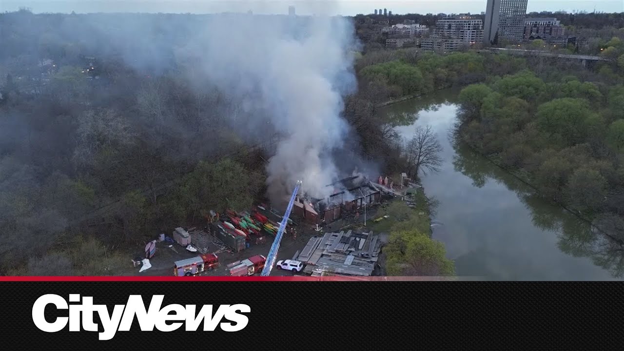 Drone footage captures massive fire at Toronto Yacht Club