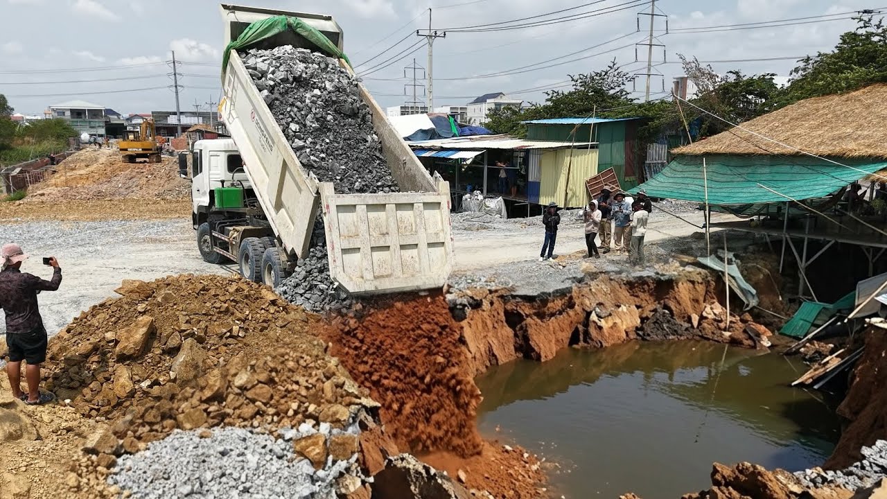 Powerful Dozers & Dump Trucks Processing Filling Up Foundation Road Construction