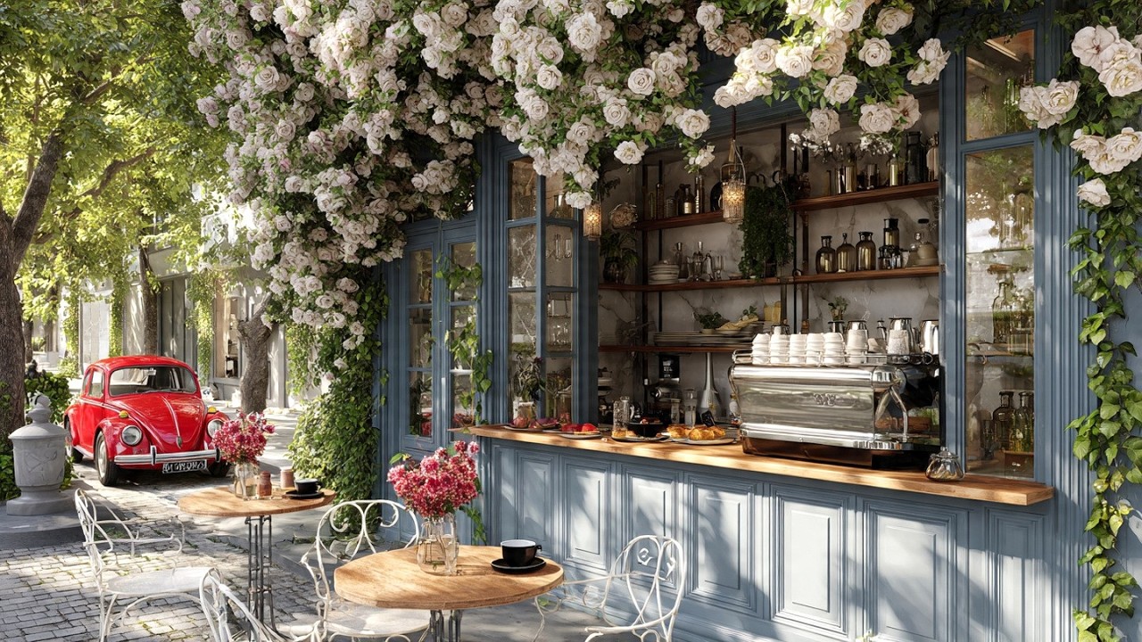Morning Spring Jazz 🌸 Gentle Jazz Music at Cozy Outdoor Coffee Shop Ambience for Mood Booster, Study