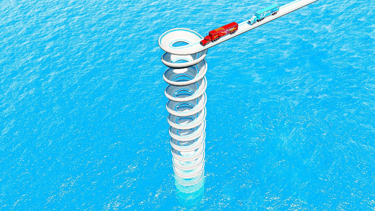 Mack truck vs Dinoco vs Impossible Inside Spiral Bridge Car Rescue - Cars vs Deep Water BeamNG.drive