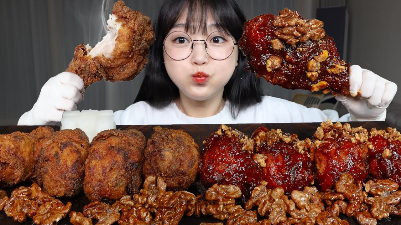 Хрустящая жареная курица с грецкими орехами🍗Mukbang ASMR