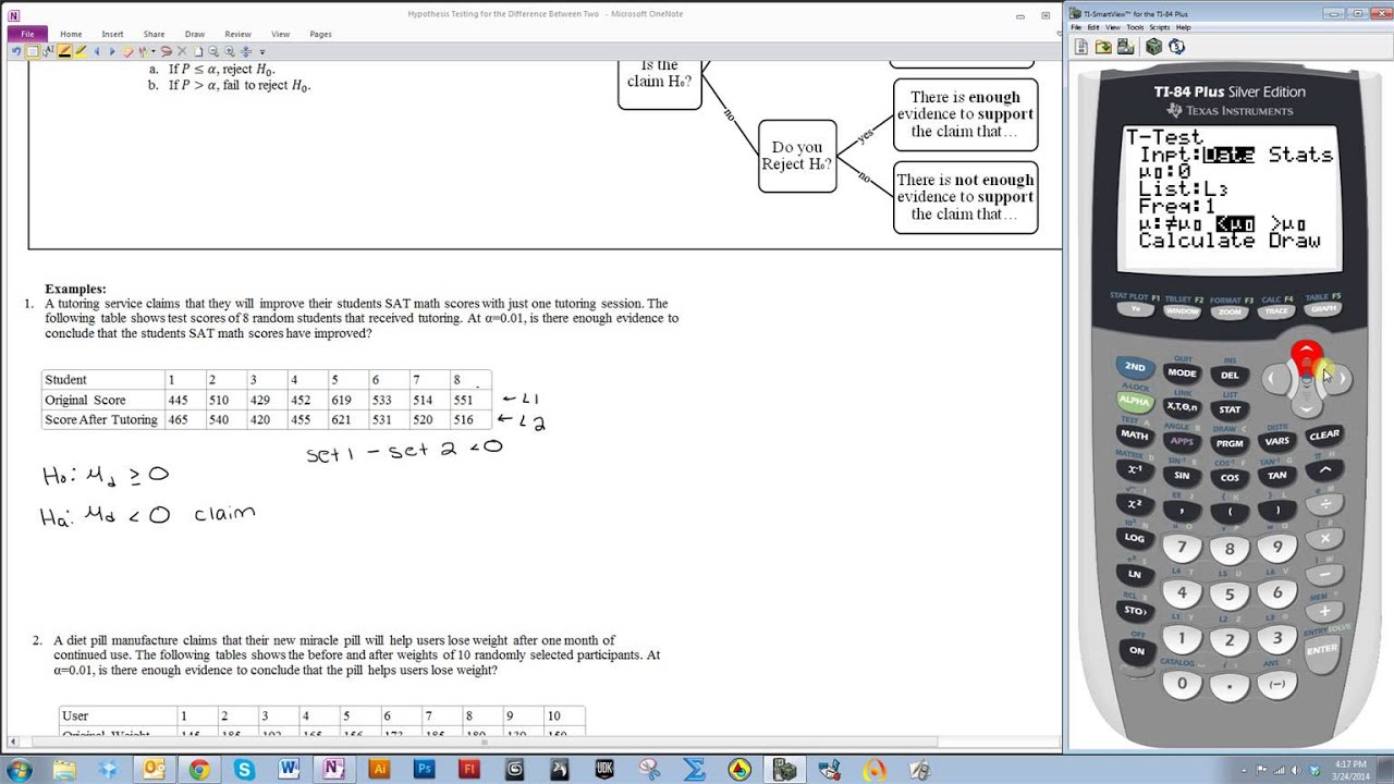 Hypothesis Testing for the Difference Between Two Dependent Means Using the TI-84 (T-Test)