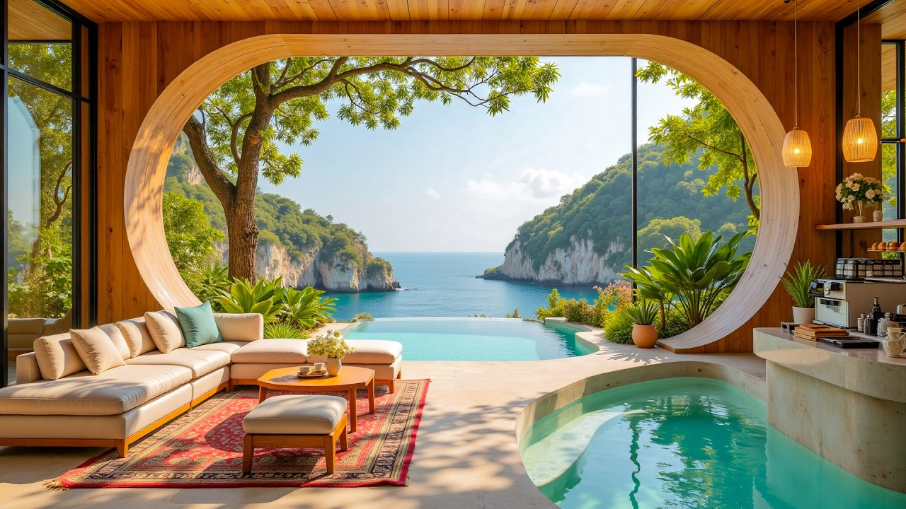 Smooth Morning Jazz in a Hawaii Beach Luxury Villa 🌊 Ocean Waves & Positive Energy