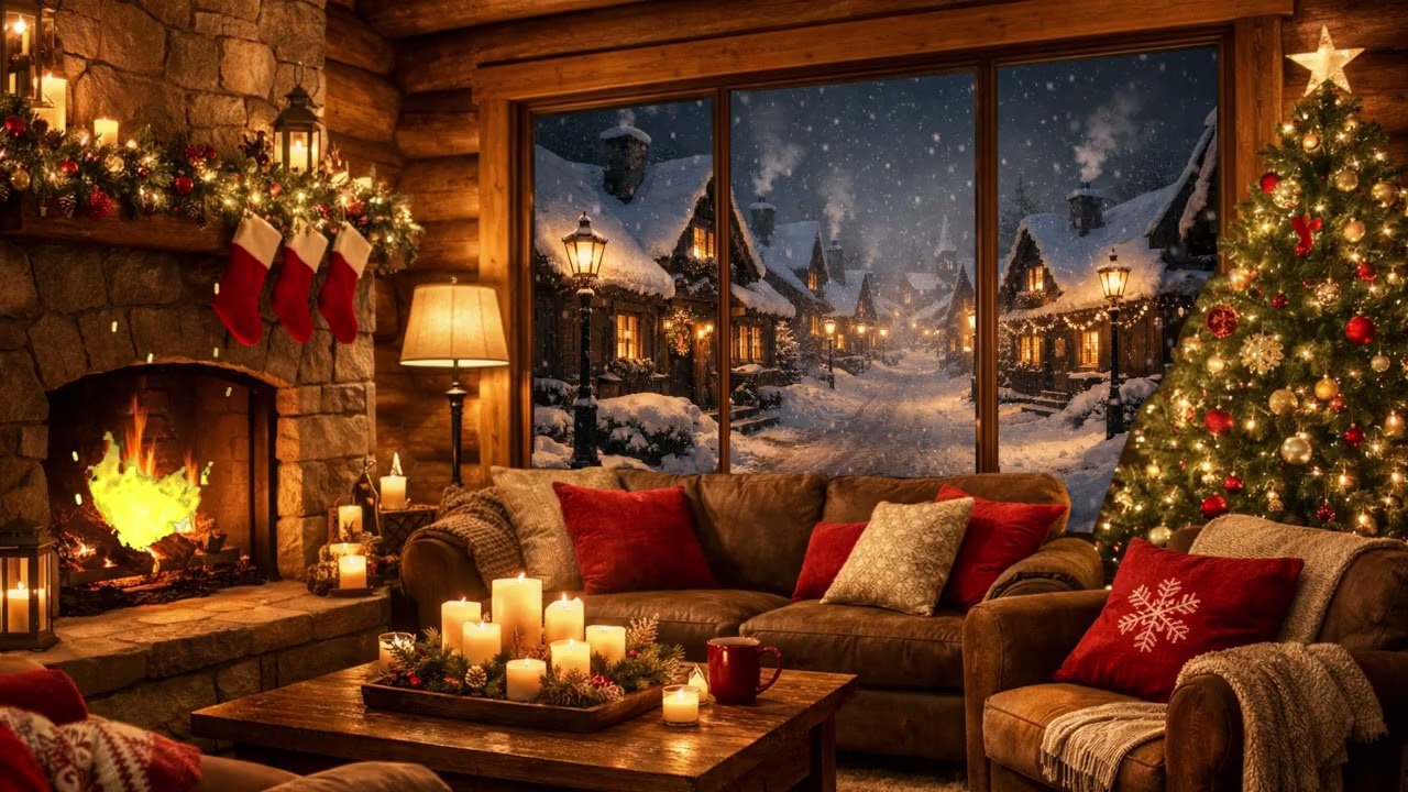 Fireplace Night 🔥 Cozy Cabin Ambience with Soft Music | Sleep & Relax