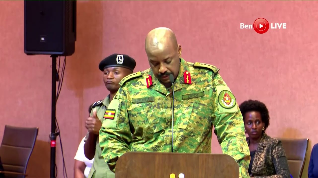 Gen Muhoozi Kainerugaba will not stand for President in 2026. H.E Museveni listens to his speech