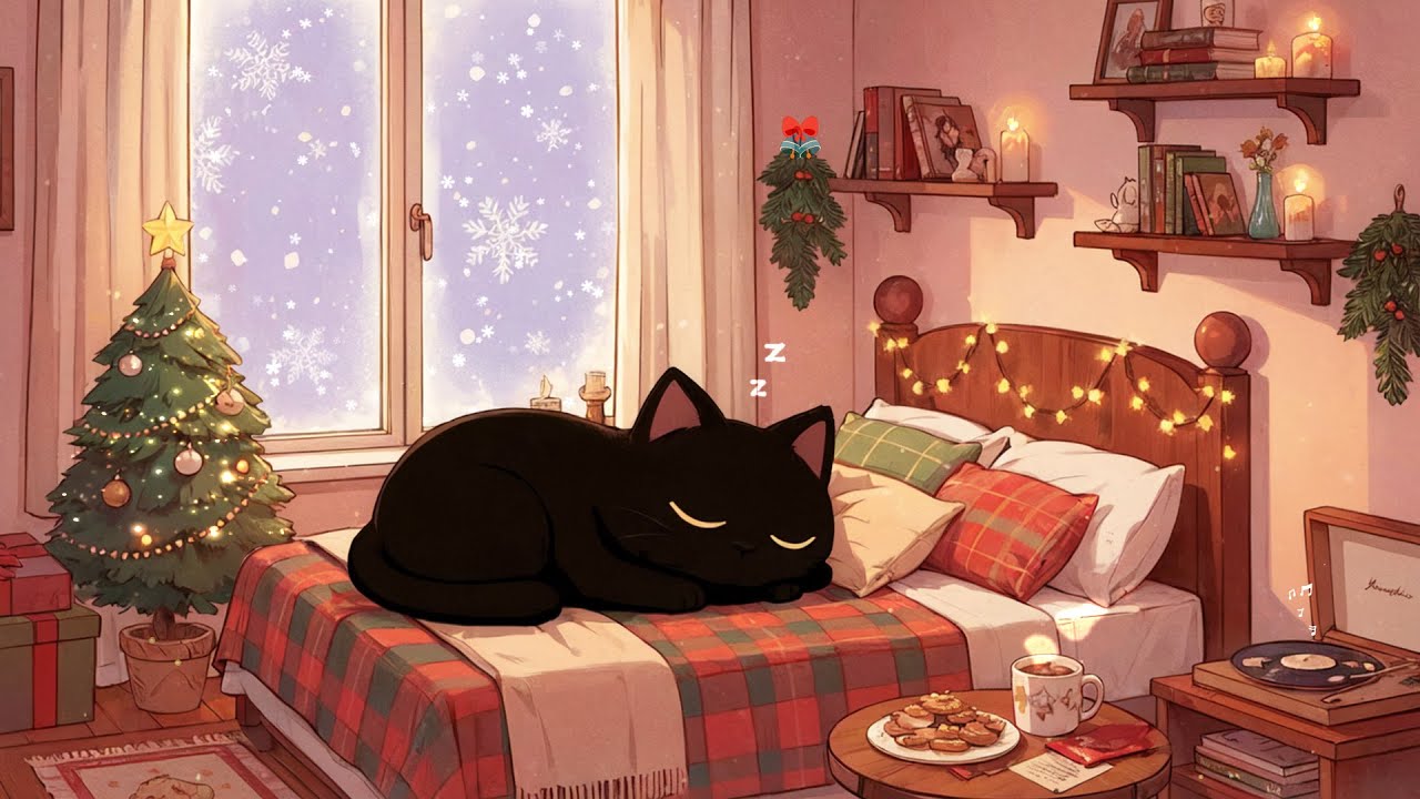 Sleepy Cat's Christmas Radio 🎶 Cozy Lofi & Vinyl Crackle for Deep Sleep