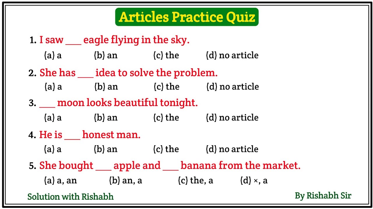 Articles A An The questions | Articles A An The in English Grammar | Articles Practice Set Exercise