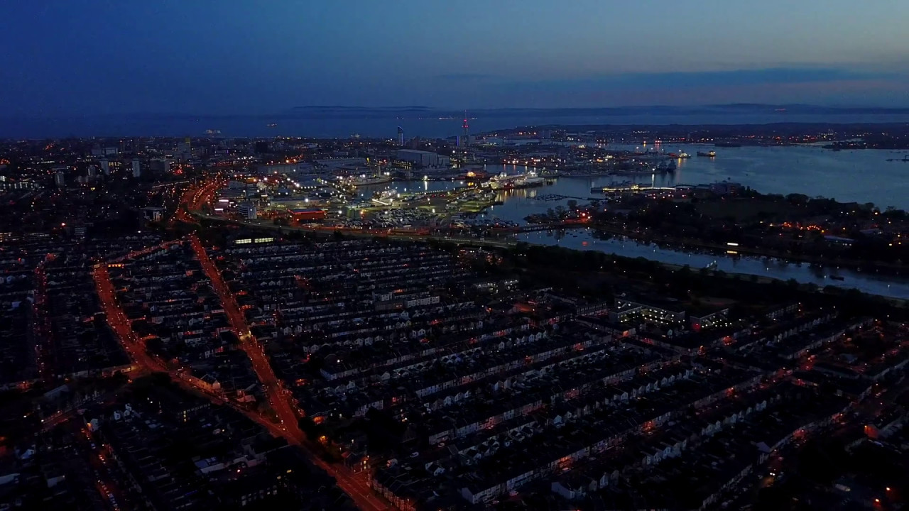 Night flight over Portsmouth