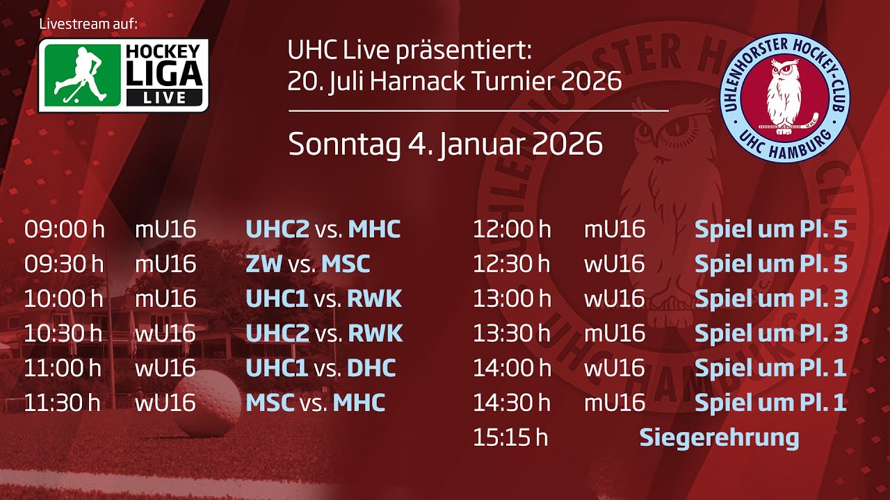 UHC Live - 20. Juli Harnack Turnier - wU16/mU16 Sonntag, 4. Januar 2026 ab 9:00 h