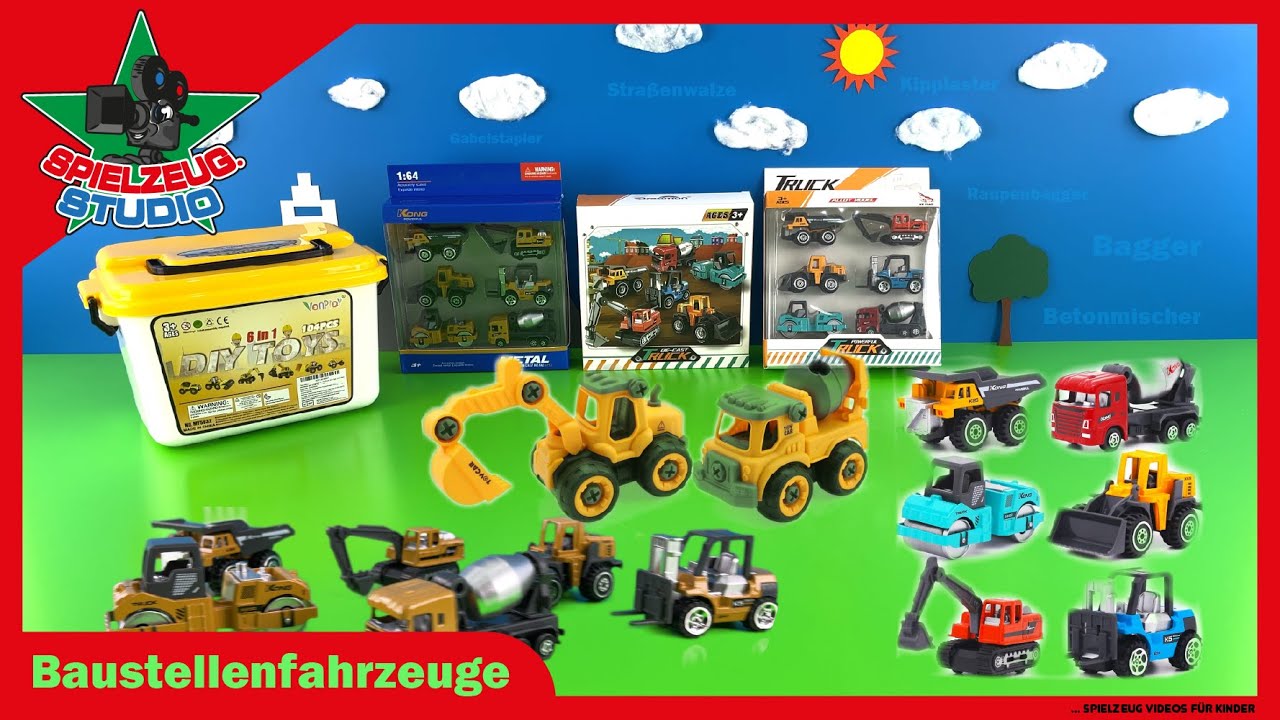 Baustellenfahrzeuge Spielzeug Video f&uuml;r Kinder &ndash; Bagger, Kipplaster, Betonmischer auf Deutsch