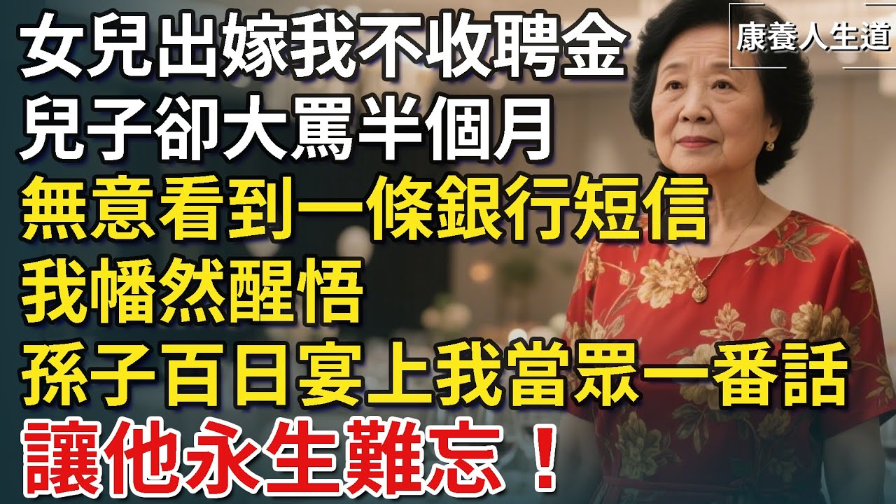 我63歲，女兒出嫁我不收聘金，兒子卻大罵半個月，無意看到一條銀行短信，我全明白了，孫子百日宴我一番話，讓他永生難忘！​【康養人生道】 #康養人生道 #上了年紀該明白的事 #養老 #聰明老人 #長壽秘密